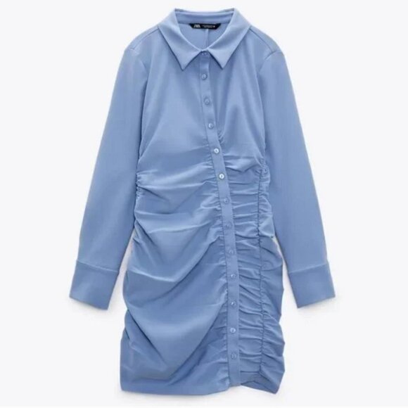 Zara Blue Bodycon Asymmetric Ruched Draped Long Sleeve Mini Shirt Dress - Picture 6 of 13